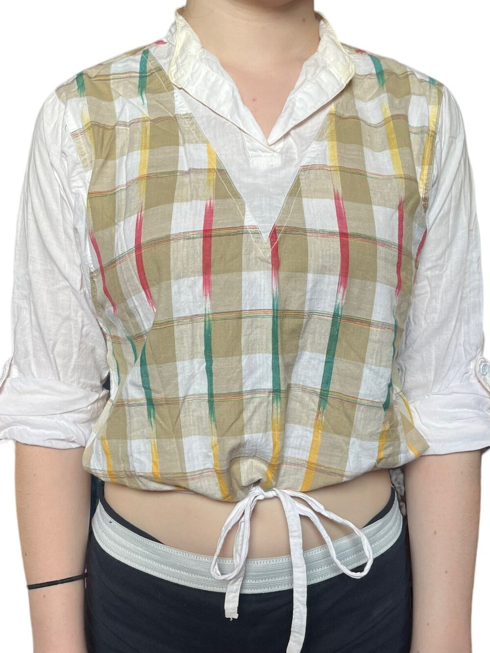VTG 60s Summer Plaid Crop Top Retro Blouse Womens S Cotton Linen LS Tank Shirt